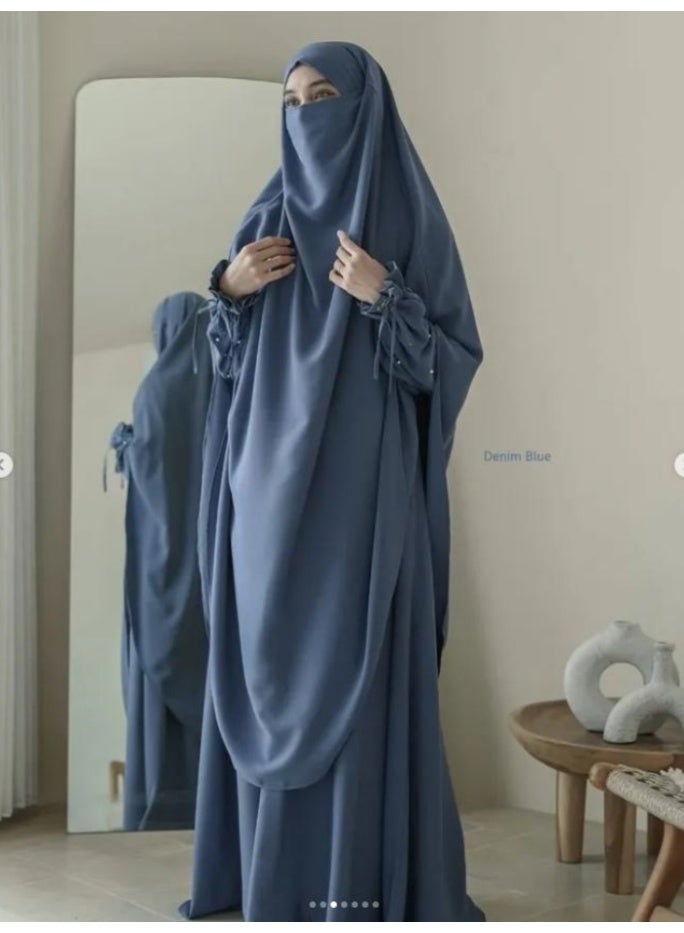 سلسلة اللؤلؤ: الشرق الأوسط اللون الصلب للنساء رداء اللؤلؤ الأكمام فستان Abaya قطعتين مجموعة الحجاب الطويل مناسبة جدا للنساء يوميا ارتداء الصيام شهر الصلاة - Image 1