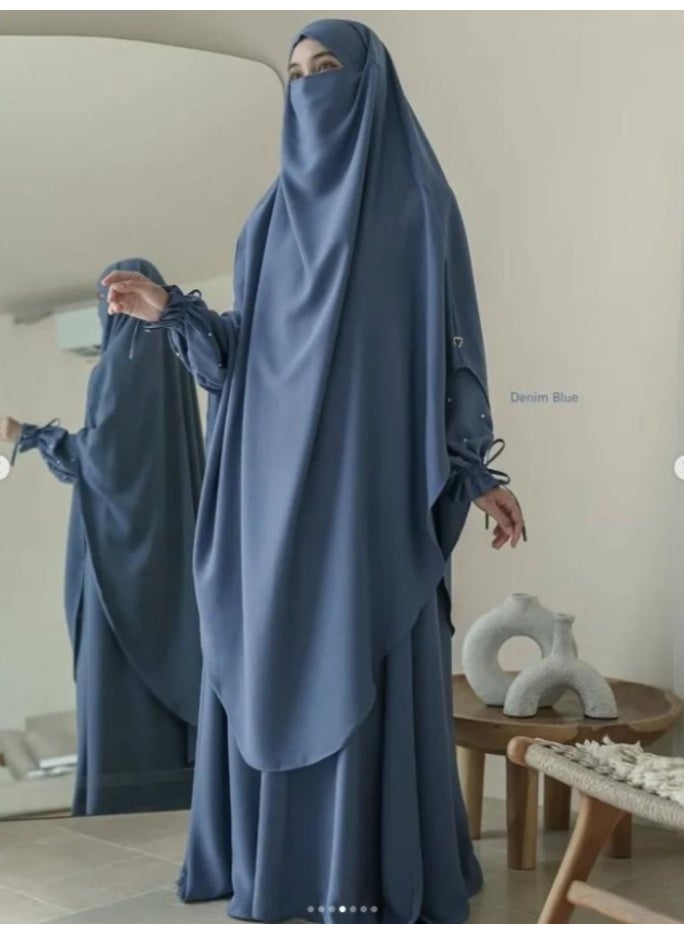 سلسلة اللؤلؤ: الشرق الأوسط اللون الصلب للنساء رداء اللؤلؤ الأكمام فستان Abaya قطعتين مجموعة الحجاب الطويل مناسبة جدا للنساء يوميا ارتداء الصيام شهر الصلاة - Image 4