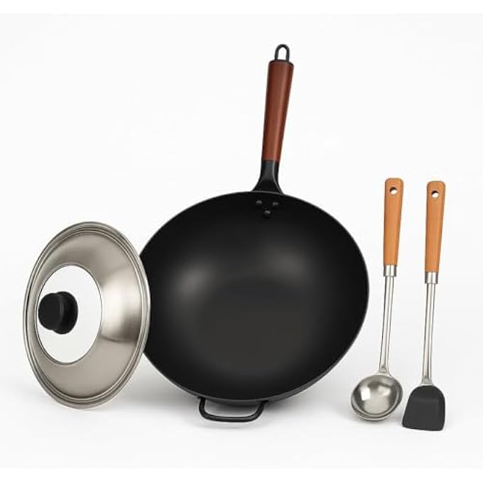 rayihni Carbon Steel Wok Frying Pan 32 Cm Round Bottom With Stainless Steel Lid  2X Spatula Steamer Ideal For StirFry DieCast Induction Compatible Granite CoatingOven Safe Black - Image 1