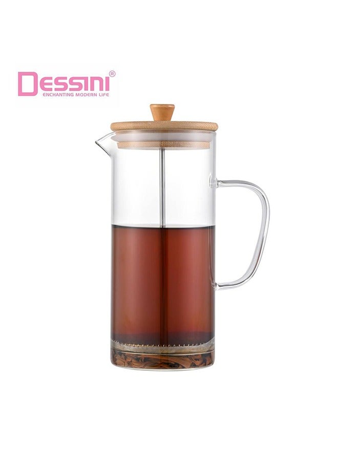 DESSINI Dessini 1000ml Borosilicate Glass french press with Bamboo Lid, stainless steel filter KD560  - Image 1