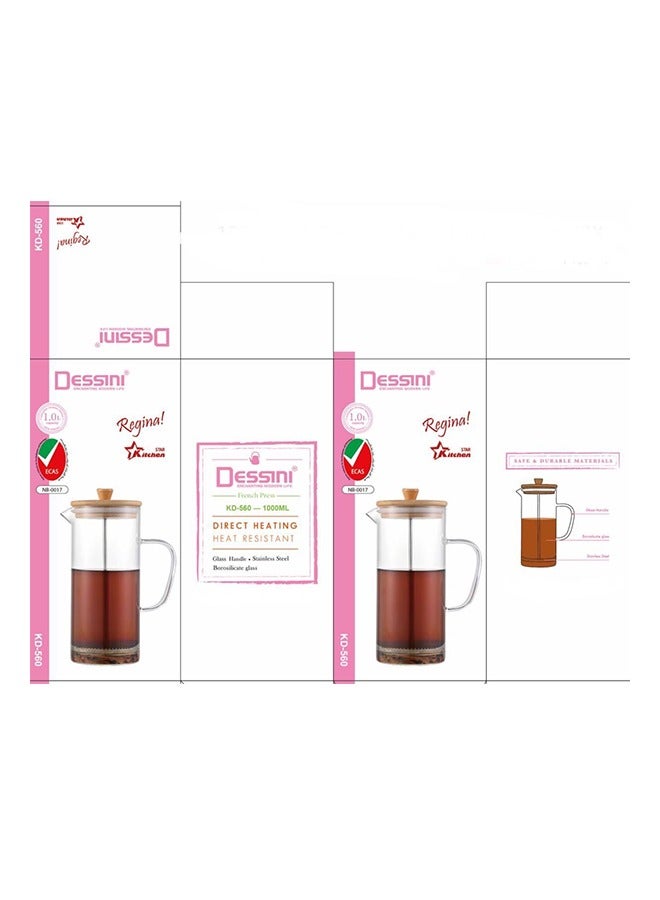 DESSINI Dessini 1000ml Borosilicate Glass french press with Bamboo Lid, stainless steel filter KD560  - Image 2