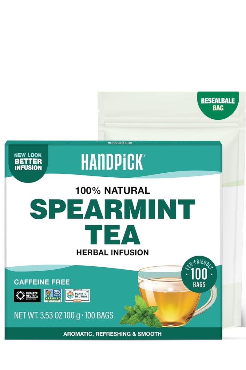 Handpick Spearmint Tea (100 Herbal Tea Bags) Premium Spearmint Leaves, Caffeine Free - Image 1