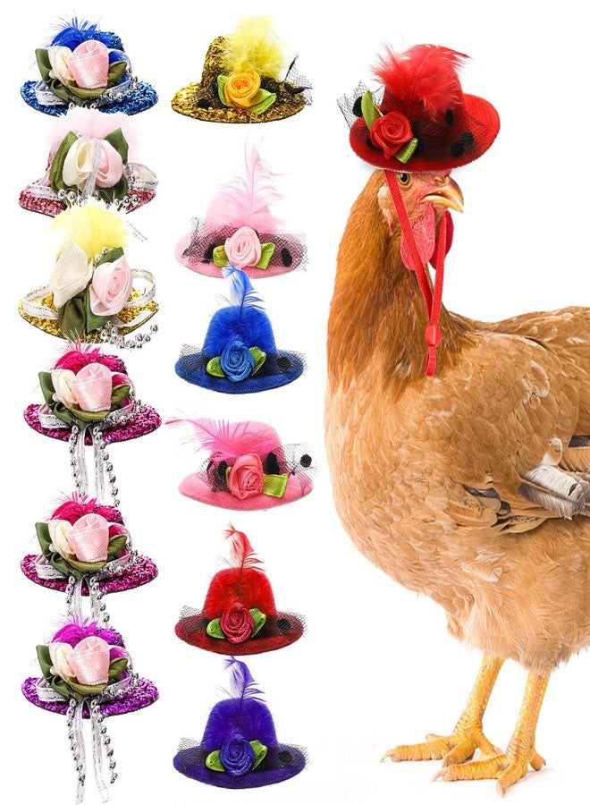 Eorbow 12 Pcs Chicken Hats for Hens, Mini Feather Top Chicken Helmet Halloween Accessories, Funny Small Hat Tiny Pet Hat, Chicken Show Costume for Rooster Duck Hamster Parrot Bird Poultry Snake - Image 1
