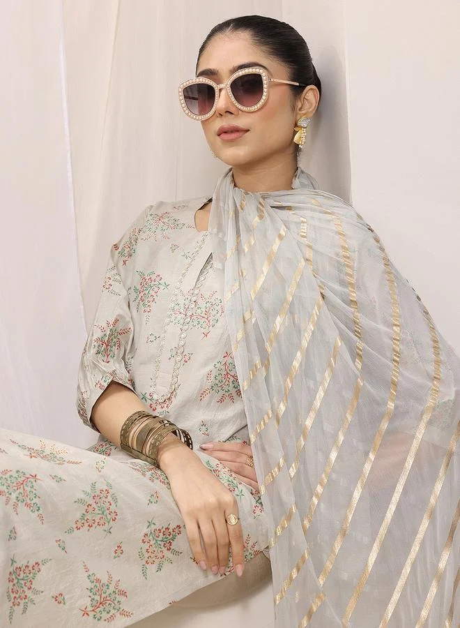 لباس Grey Woven Design Silk Blend Anarkali Kurta, Trousers And Dupatta Set