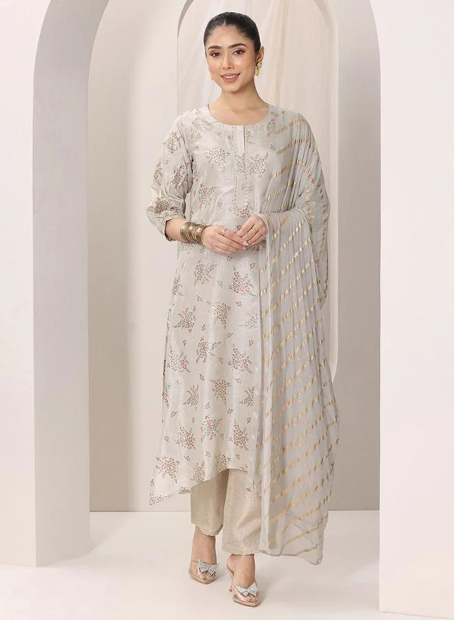لباس Grey Woven Design Silk Blend Anarkali Kurta, Trousers And Dupatta Set