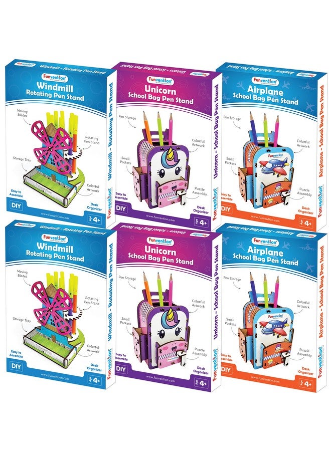 Funvention (Combo of 6) Windmill + Unicorn + Airplane DIY Pen Stand Desk Organizer Birthday Return Gifts for 4+ Years Kids 3D Puzzle Art and Craft - Image 1