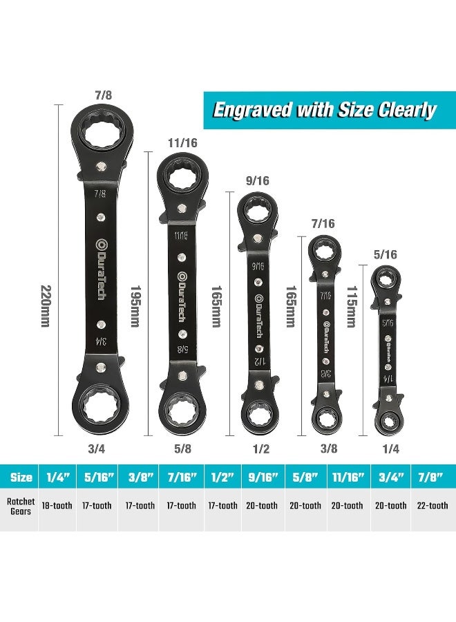 DuraTech 5 Pc Double Offset Box End Reversible Ratcheting Wrench Set, SAE, Heavy-duty, Matte Chrome Plated, Ratchet Spanner Crooked for Narrow Spaces (1/4 - 7/8 inch)  - Image 5