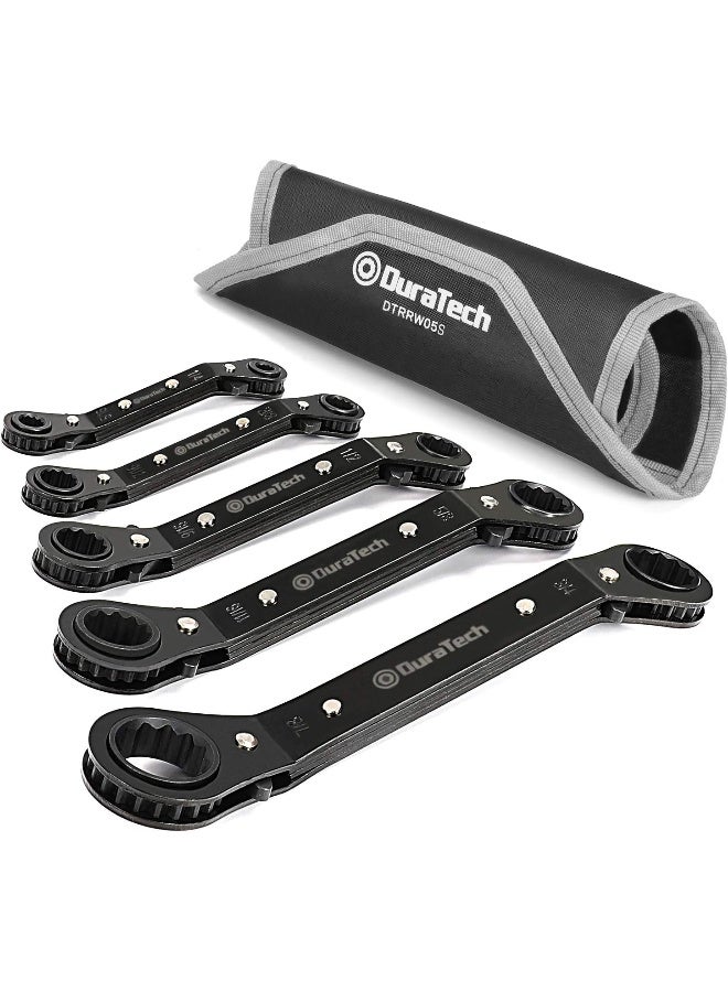 DuraTech 5 Pc Double Offset Box End Reversible Ratcheting Wrench Set, SAE, Heavy-duty, Matte Chrome Plated, Ratchet Spanner Crooked for Narrow Spaces (1/4 - 7/8 inch)  - Image 1
