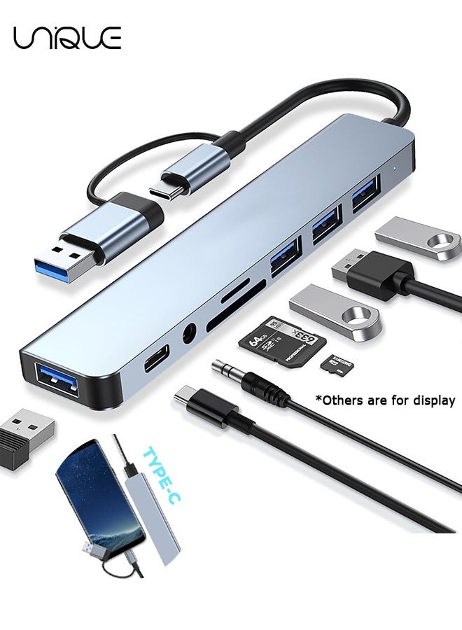 8-in-1 USB + Type C Converter - 1 x USB 3.0, 3 x USB 2.0 and 1 x USB C, SD/TF Card Reader, 3.5mm Aux Ports for MacBook Pro Air and More PC/Laptop/Tablet Devices