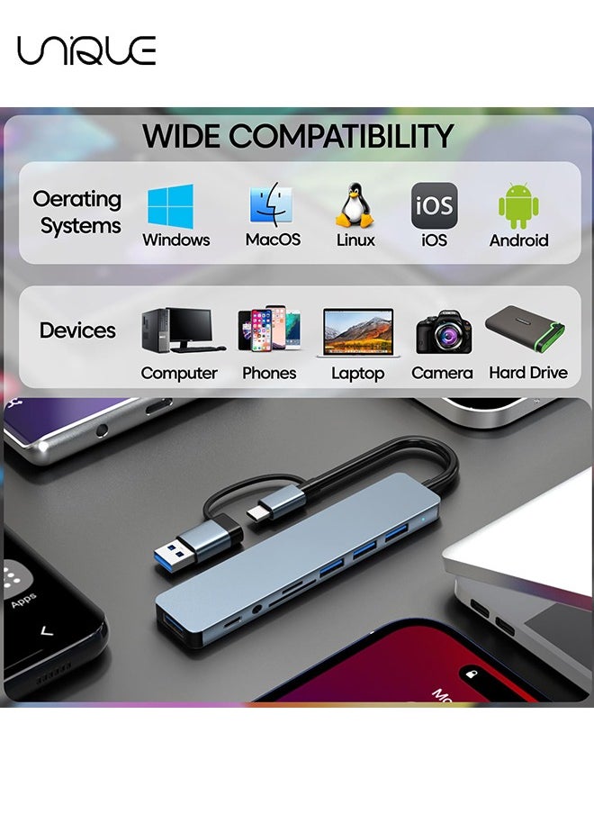 Unique 8-in-1 USB + Type C Converter - 1 x USB 3.0, 3 x USB 2.0 and 1 x USB C, SD/TF Card Reader, 3.5mm Aux Ports for MacBook Pro Air and More PC/Laptop/Tablet Devices  - Image 3