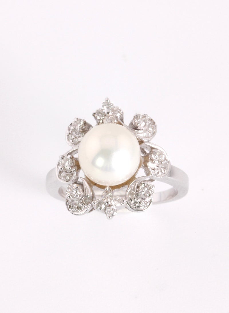 MIKURA Ring, Freshwater Pearls, A Quality, White Color, 9.0-8.5MM, 18KW, 32D-0.38Cts, VS Clarity, G/H Color  - Image 1
