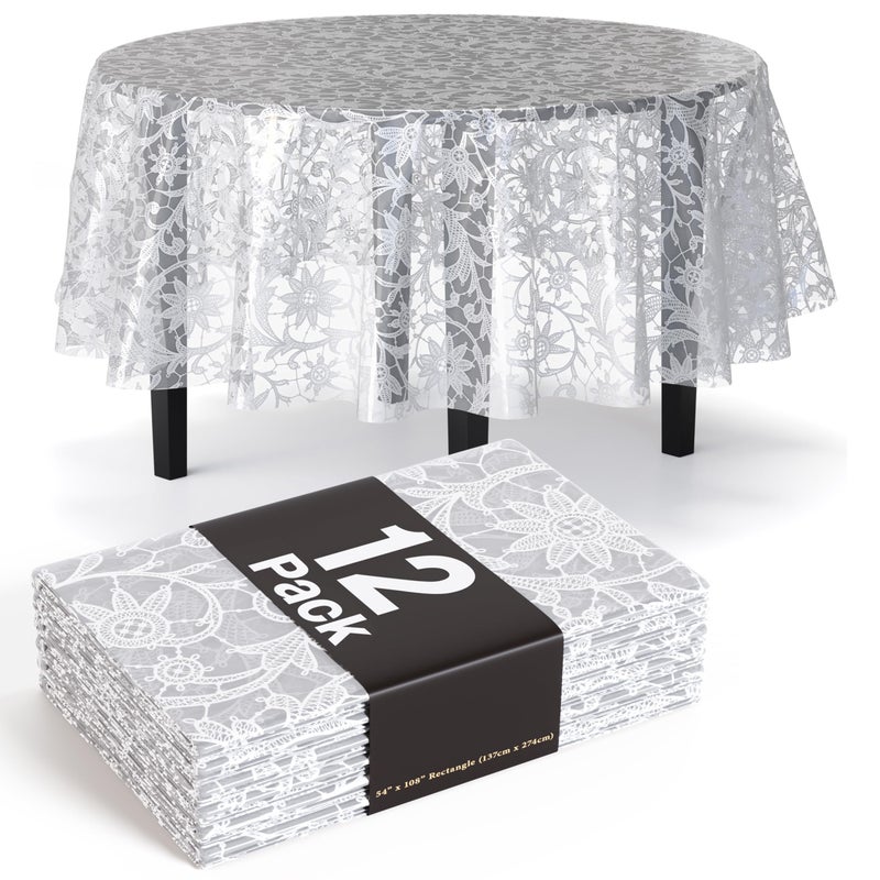 Exquisite Lace Table Cloth Round Table Plastic 12-Pack Lace Tablecloth Round 84" | White Floral Tablecloth Disposable | Wild Flower Party Decorations & Party Supplies - Image 1