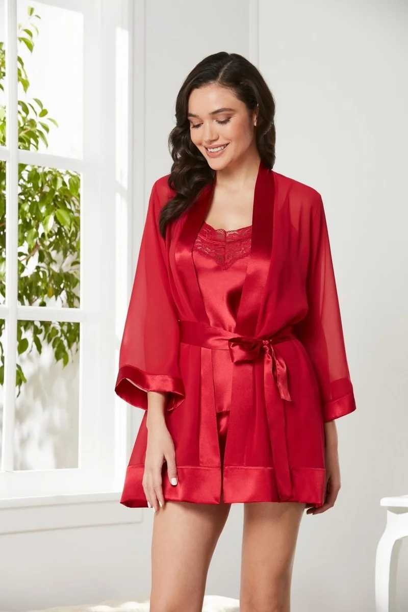 pierre cardin 3-Piece Satin Lace Shorts and Chiffon Lace Dressing Gown Set 2475