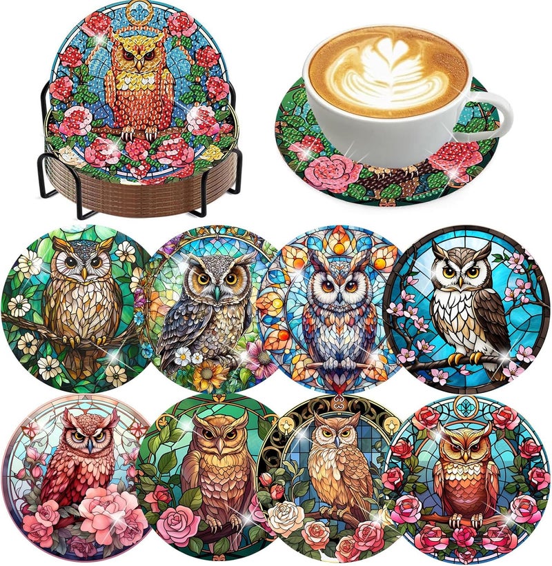 croshom 8 Pieces Owl Diamond Art Coasters Kit, Diamond Painting Coasters with Holder, Owl Diamonds Art Painting Kits, 5D DIY Diamonds Arts Kits for Adults Gift - Image 1