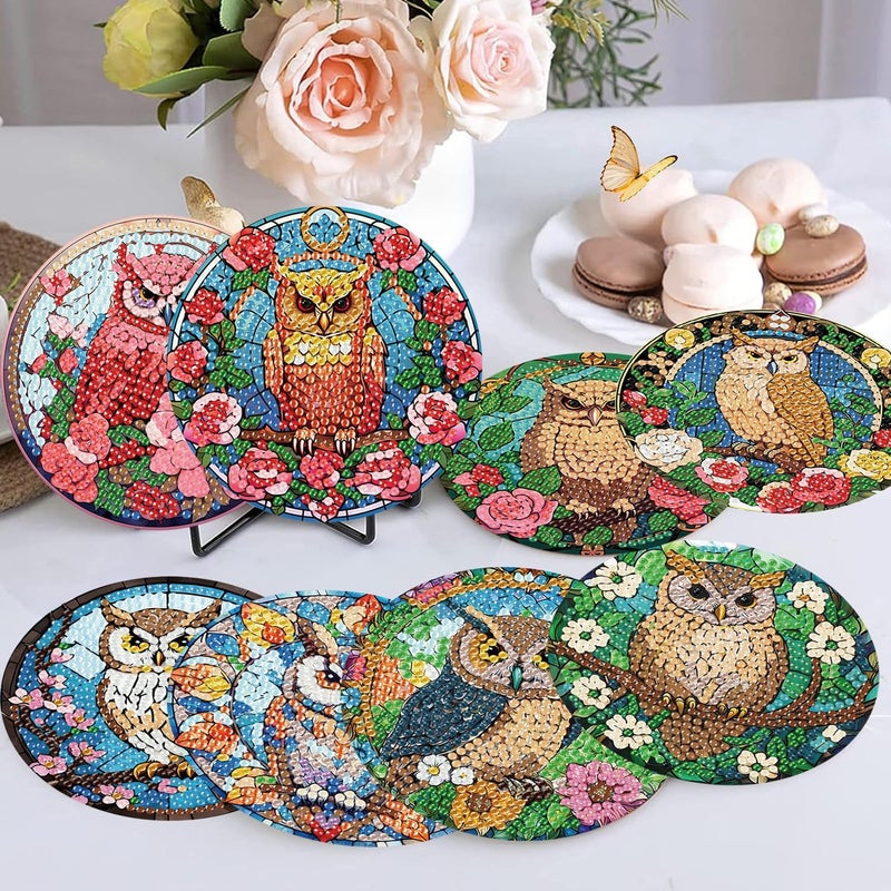 croshom 8 Pieces Owl Diamond Art Coasters Kit, Diamond Painting Coasters with Holder, Owl Diamonds Art Painting Kits, 5D DIY Diamonds Arts Kits for Adults Gift - Image 2
