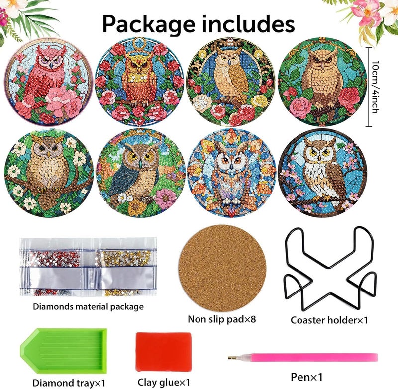 croshom 8 Pieces Owl Diamond Art Coasters Kit, Diamond Painting Coasters with Holder, Owl Diamonds Art Painting Kits, 5D DIY Diamonds Arts Kits for Adults Gift - Image 4