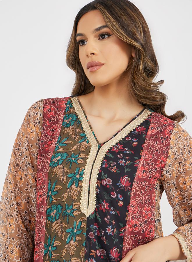 Styli Printed Color Block Jalabiya with Lace Trim Detail - Image 4