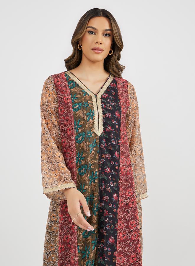 Styli Printed Color Block Jalabiya with Lace Trim Detail - Image 2