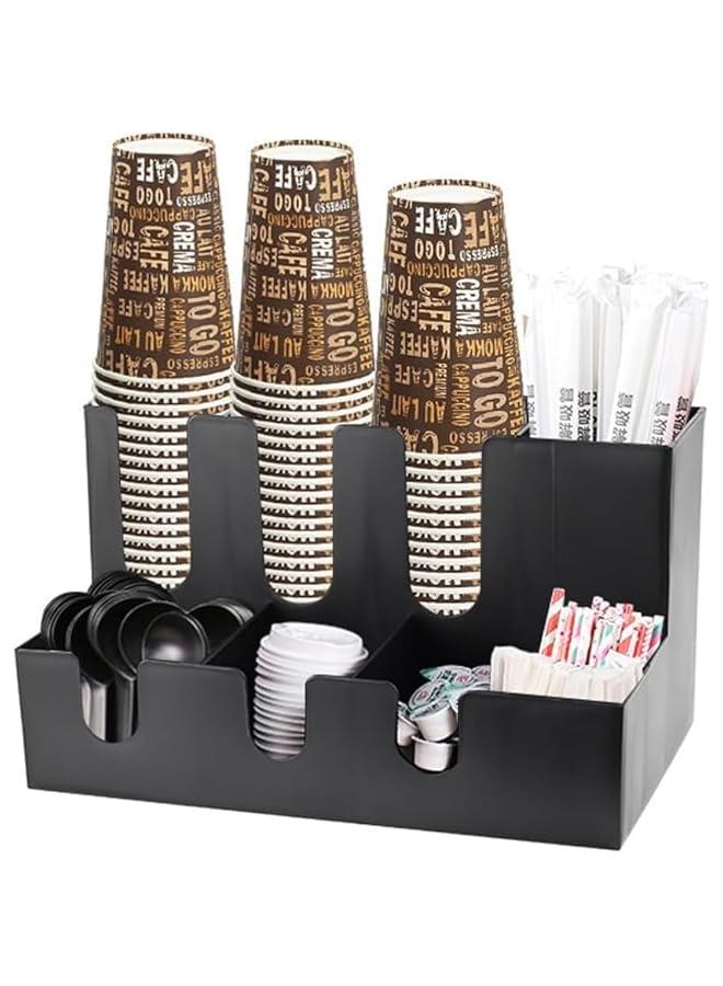 HOOKOR Coffee Condiment Organizer, Commercial Cup and Lid Holder, 9 Compartment Coffee Cup and Condiment Organizer, Breakroom Coffee Station Organizer for Coffee Milk Tea Shop Black - Image 1