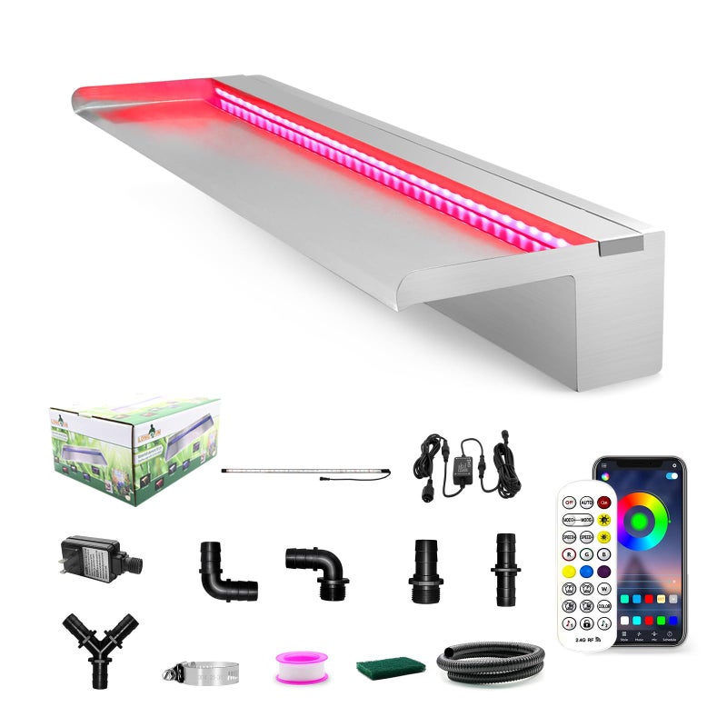 شلال مياه LONGRUN من الفولاذ المقاوم للصدأ مع تحكم عبر تطبيق APP وإضاءة LED متعددة الألوان لبركة السباحة في الهواء الطلق ومجموعة شلالات بركة كوي لتزيين الحديقة والفناء وحمام السباحة 354