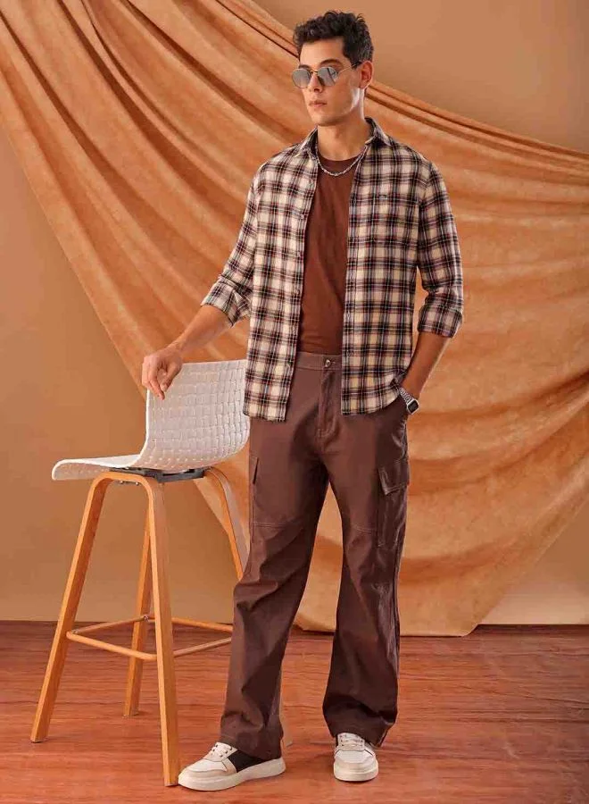 The Indian Garage Co Men Slim Fit Checkered Full Sleeves Cutaway Collar Casual Shirt