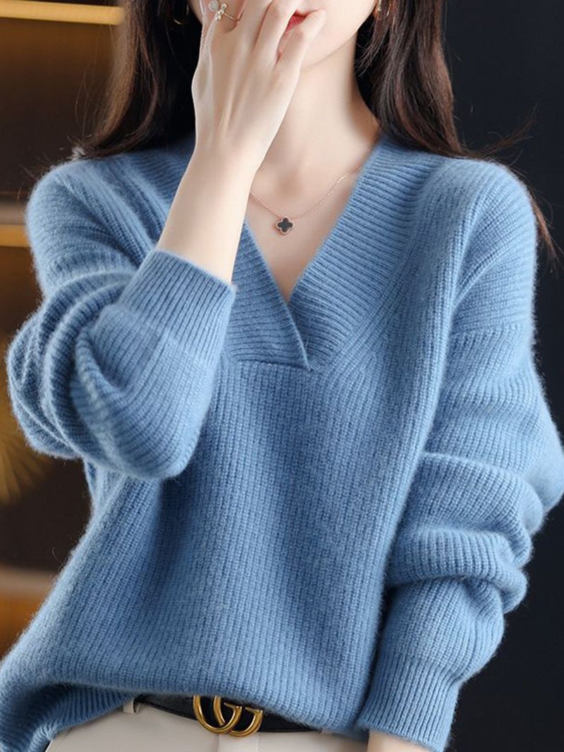 YUNIQEE Blue Solid V-Neck Pullover - Image 1