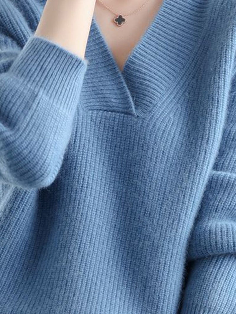 YUNIQEE Blue Solid V-Neck Pullover - Image 2