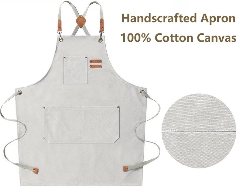 AFUN Chef Aprons for Men Women with Large Pockets, Cotton Canvas Cross Back Heavy Duty Adjustable Work Apron, Size M to XXL (Beige) - Image 5