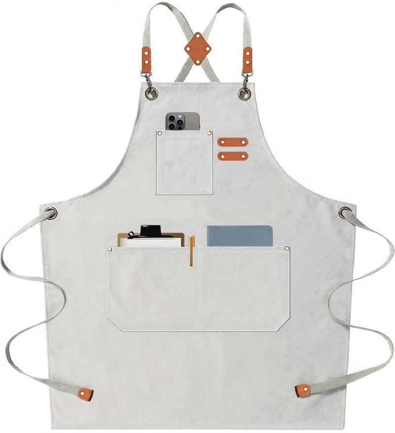 AFUN Chef Aprons for Men Women with Large Pockets, Cotton Canvas Cross Back Heavy Duty Adjustable Work Apron, Size M to XXL (Beige) - Image 1