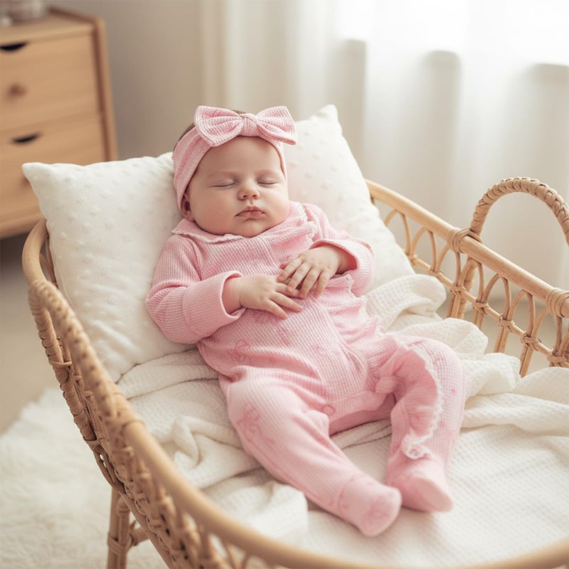 allshope Newborn Baby Girl Fall Outfit Romper Footies Waffle Bow Zip Up Footed Jumpsuit Ruffle Trim Infant Clothes (Color Pink, 0-3 Months) - Image 5