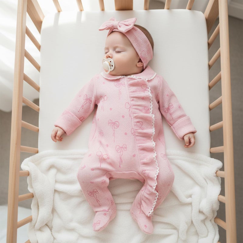 allshope Newborn Baby Girl Fall Outfit Romper Footies Waffle Bow Zip Up Footed Jumpsuit Ruffle Trim Infant Clothes (Color Pink, 0-3 Months) - Image 2