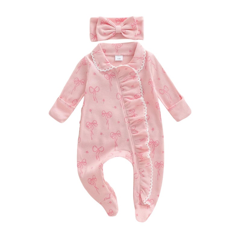 allshope Newborn Baby Girl Fall Outfit Romper Footies Waffle Bow Zip Up Footed Jumpsuit Ruffle Trim Infant Clothes (Color Pink, 0-3 Months) - Image 1