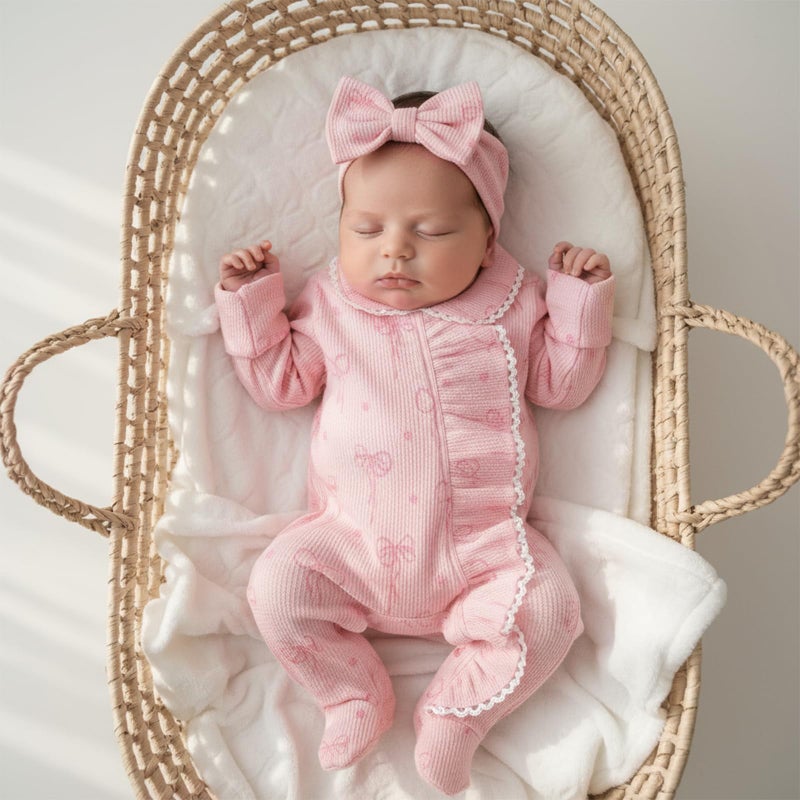 allshope Newborn Baby Girl Fall Outfit Romper Footies Waffle Bow Zip Up Footed Jumpsuit Ruffle Trim Infant Clothes (Color Pink, 0-3 Months) - Image 4
