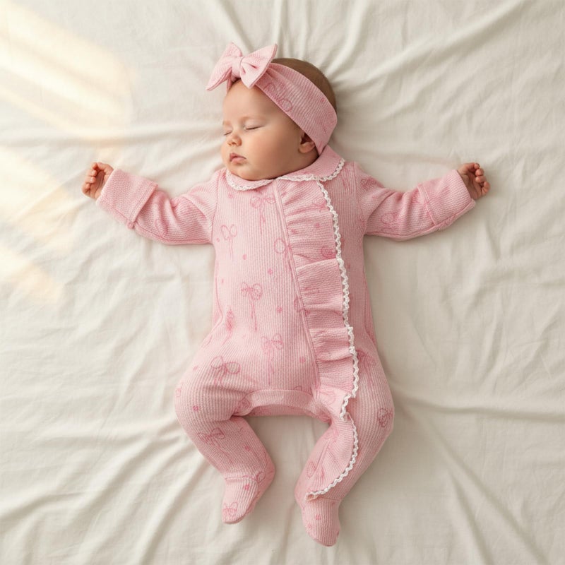 allshope Newborn Baby Girl Fall Outfit Romper Footies Waffle Bow Zip Up Footed Jumpsuit Ruffle Trim Infant Clothes (Color Pink, 0-3 Months) - Image 3