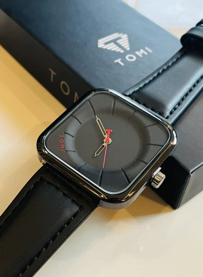 TOMI Stylish Black Leather Strap Watch By TOMI For Unisex, Men And Women, Watch Face Size 42 MM - Image 3