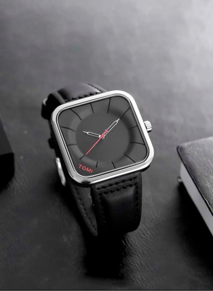 TOMI Stylish Black Leather Strap Watch By TOMI For Unisex, Men And Women, Watch Face Size 42 MM - Image 5