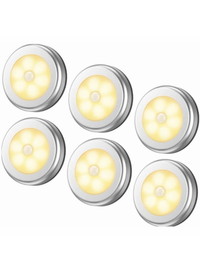 Pack of 6 Motion Sensor LED Night Lights, Battery-Powered Stick-On Lights for Closets,Stairs, and Cabinets (Warm White) 