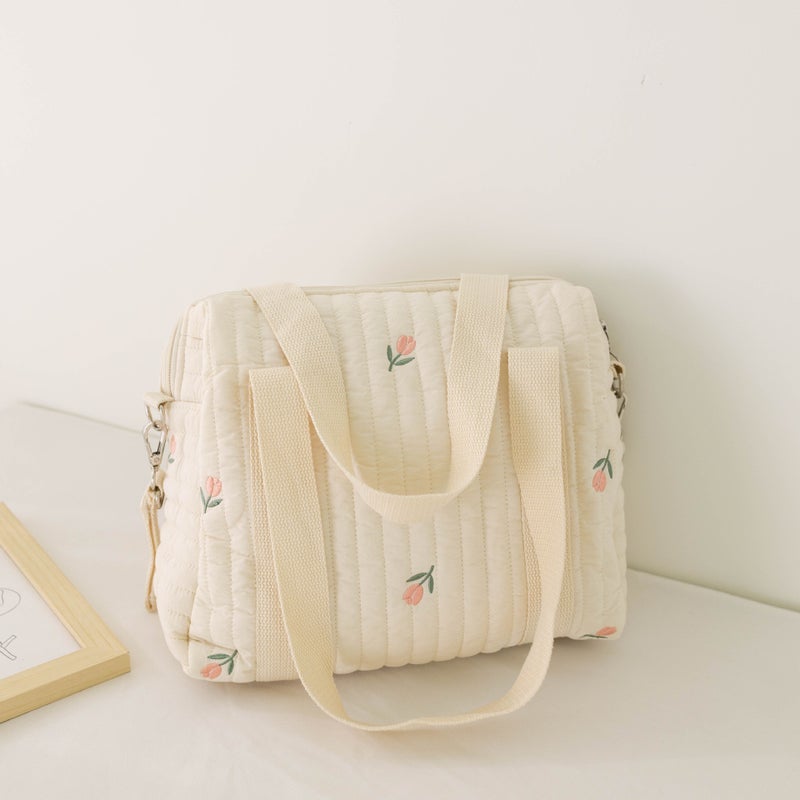Ins New Zipper Embroider Cotton Mommy Bag Baby Stroller Hanging Bag Diaper Bag - Image 1