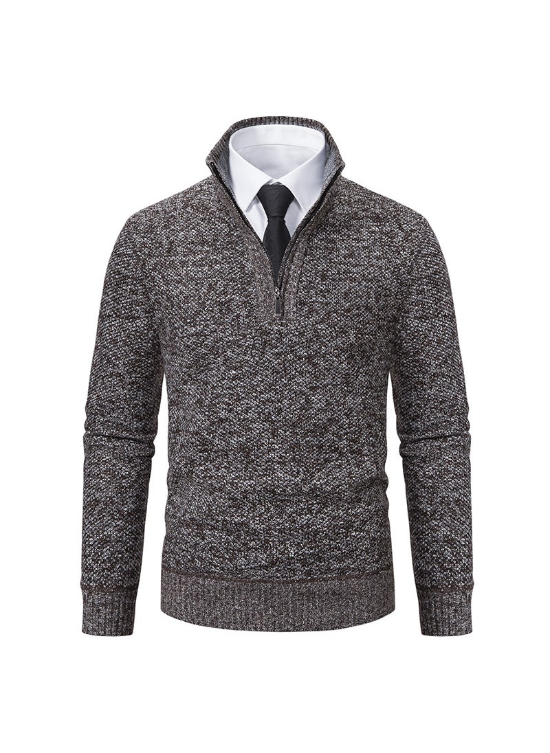 Generic Mens Mid-age Polo/turtle Neck Pullover Sweater Fleece-lined Autumn/winter Warm Zippered Casual Wear 6605 brown 