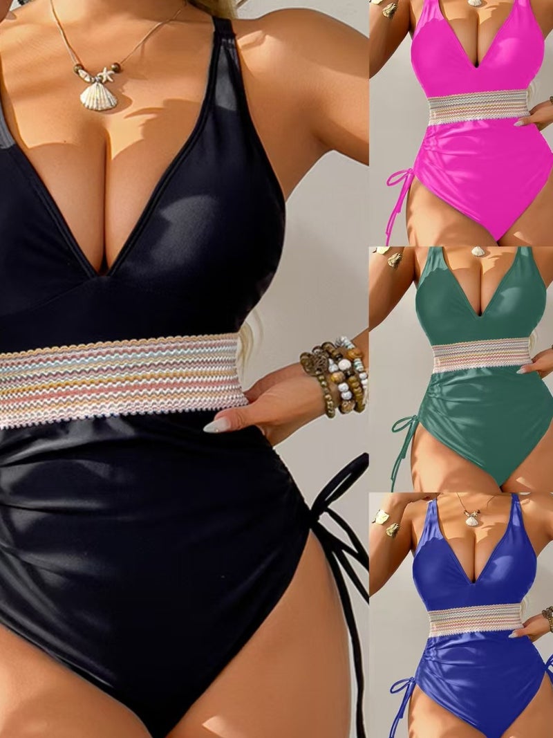 New and Sexy One-piece Swimsuit Bikini Lace-up Wrinkle Color-matching Explosions One-piece Swimsuit - Image 2