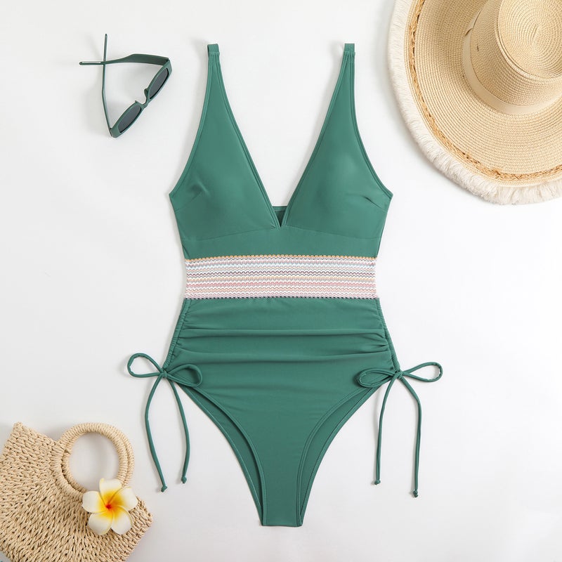 New and Sexy One-piece Swimsuit Bikini Lace-up Wrinkle Color-matching Explosions One-piece Swimsuit - Image 1