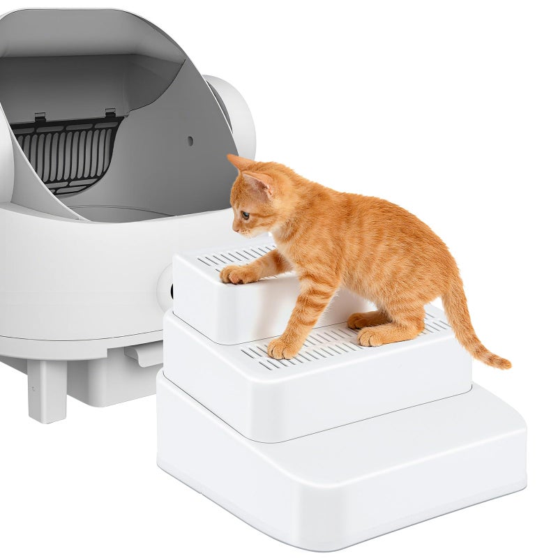 Himake Adjustable 3 Steps Litter Box Ramp, Cat Ramp for Litter Box with Litter Trapper, Litter Box Step for Small & Elderly Cats, Fits Automatic Litter Boxes (White) - Image 1