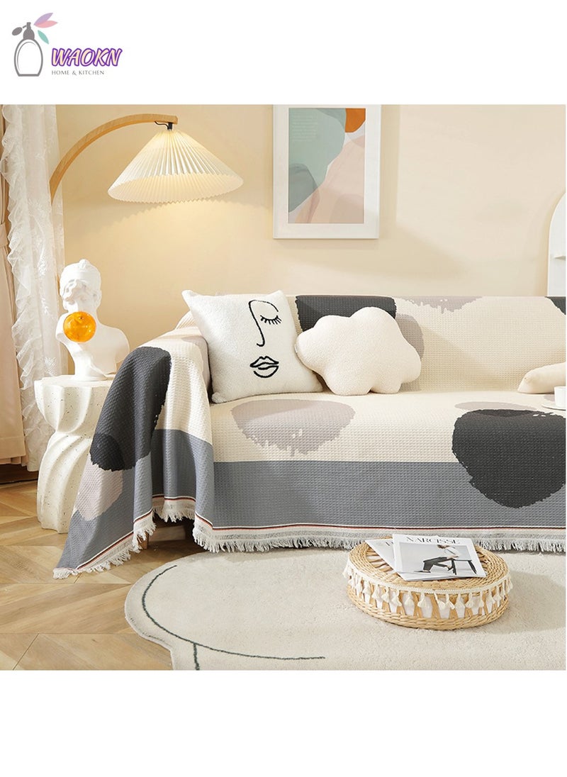 WAOKN Sofa Towel, Literary Style All-Inclusive Sofa Cover, Four Seasons Universal Sofa Blanket, Black And White grey  - Image 1