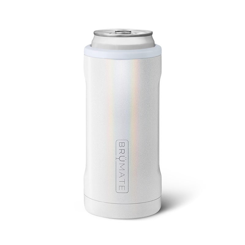 BrMate Hopsulator Slim Can Cooler Insulated for 12oz Slim Cans Skinny Can Insulated Stainless Steel Drink Holder for Hard Seltzer Beer Soda and Energy Drinks Glitter White