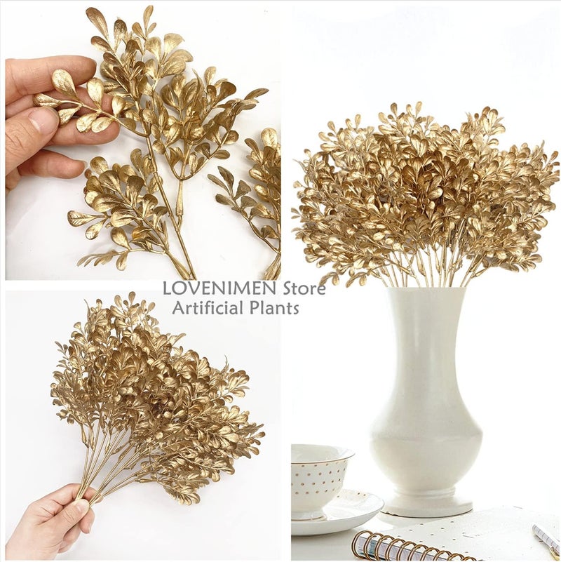 LOVENIMEN Artificial Golden Foliage Plants for Christmas Decoration, Fake Leaves Plastic Grass Plant Bushes Faux Shrubs Greenery Indoor Outside Planter Hall Vase Filler Wedding Home Garden Decor - Gold 4 Pack - Image 3