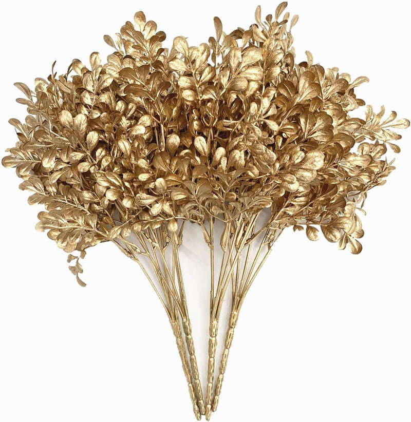 LOVENIMEN Artificial Golden Foliage Plants for Christmas Decoration, Fake Leaves Plastic Grass Plant Bushes Faux Shrubs Greenery Indoor Outside Planter Hall Vase Filler Wedding Home Garden Decor - Gold 4 Pack - Image 1