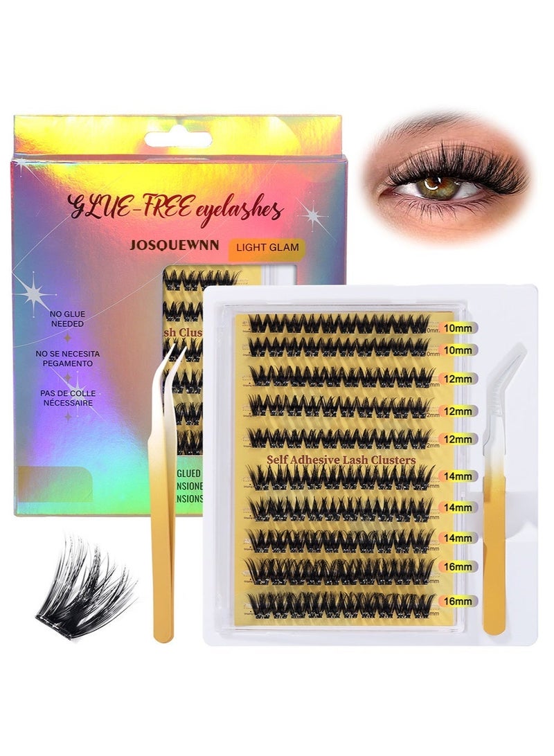 JOSQUEWNN 100Pcs Self Adhesive False Eyelashes Clusters Kit D Curl Pre Glued Wispy Lashes Kit with Tweezers for Beginners, Press On Glueless Individual Lashes 10-16mm DIY Eyelashes. - Image 1