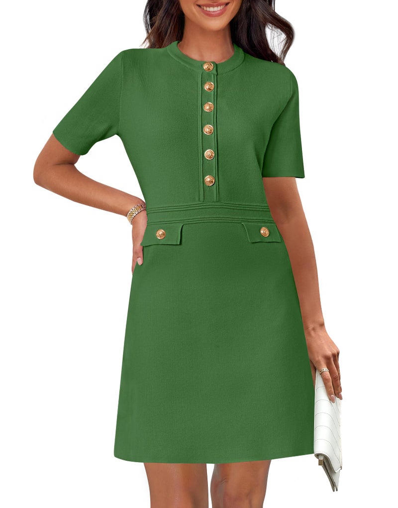 MEROKEETY Women's Knit Bodycon Sweater Dress Button Short Sleeve Crew Neck Elegant Formal Mini Dress, Green, Small - Image 1