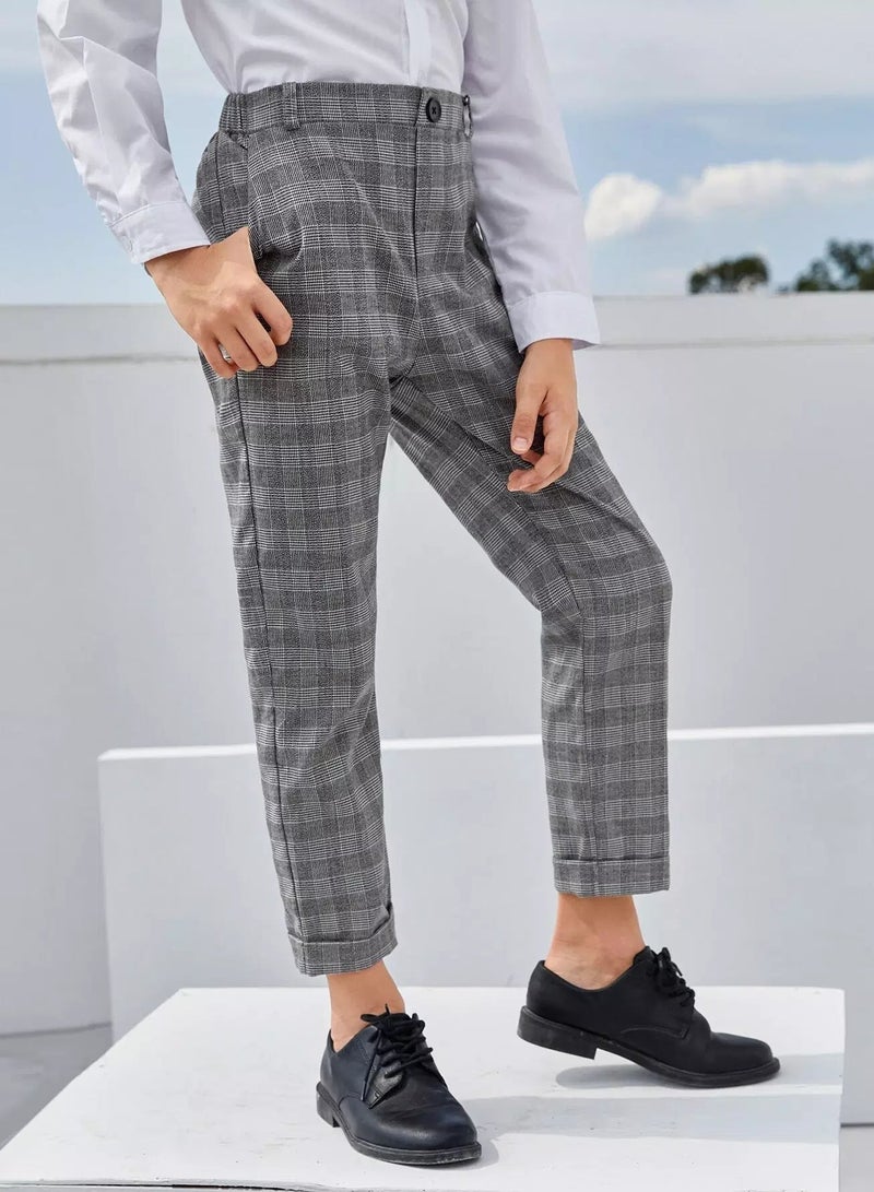 Boys Buttoned Front Cuffed Plaid Pants - Image 4