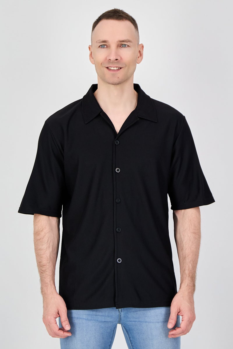 Core Elements Men Regular Fit Stripe Short Sleeve Casual Shirt, Black - Image 1